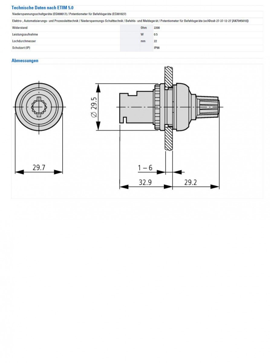 Eaton RMQ-Titan Dreh Potentiometer 2.2kΩ ± 10/0.5W, Schaft-Ø 22,5 mm