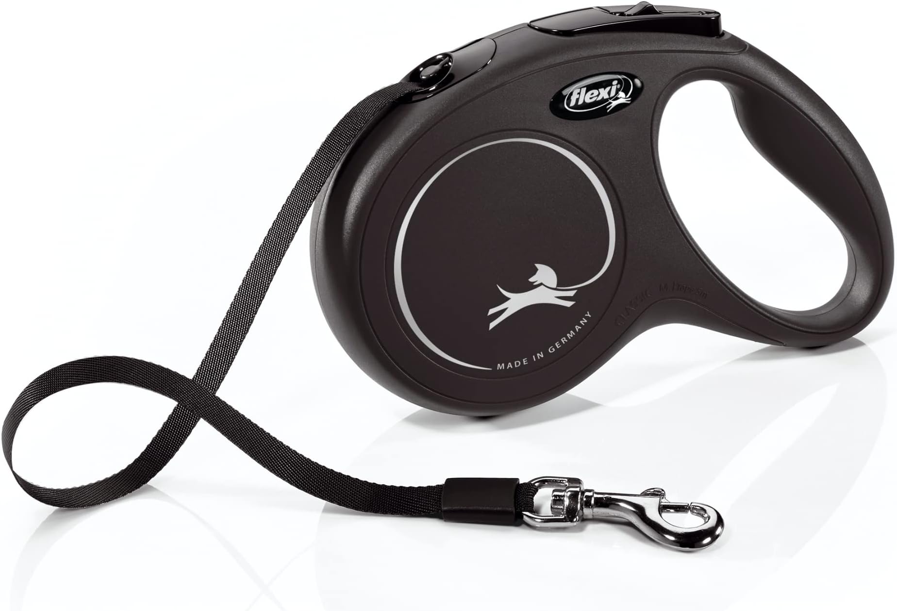 New Classic Tape Retractable Dog Leash for Medium Dogs Upto 55 lbs. – 16 ft., Black | Tangle Free Pet Walking Leash with One-Handed Brake, Pause, Lock|German Quality Product
