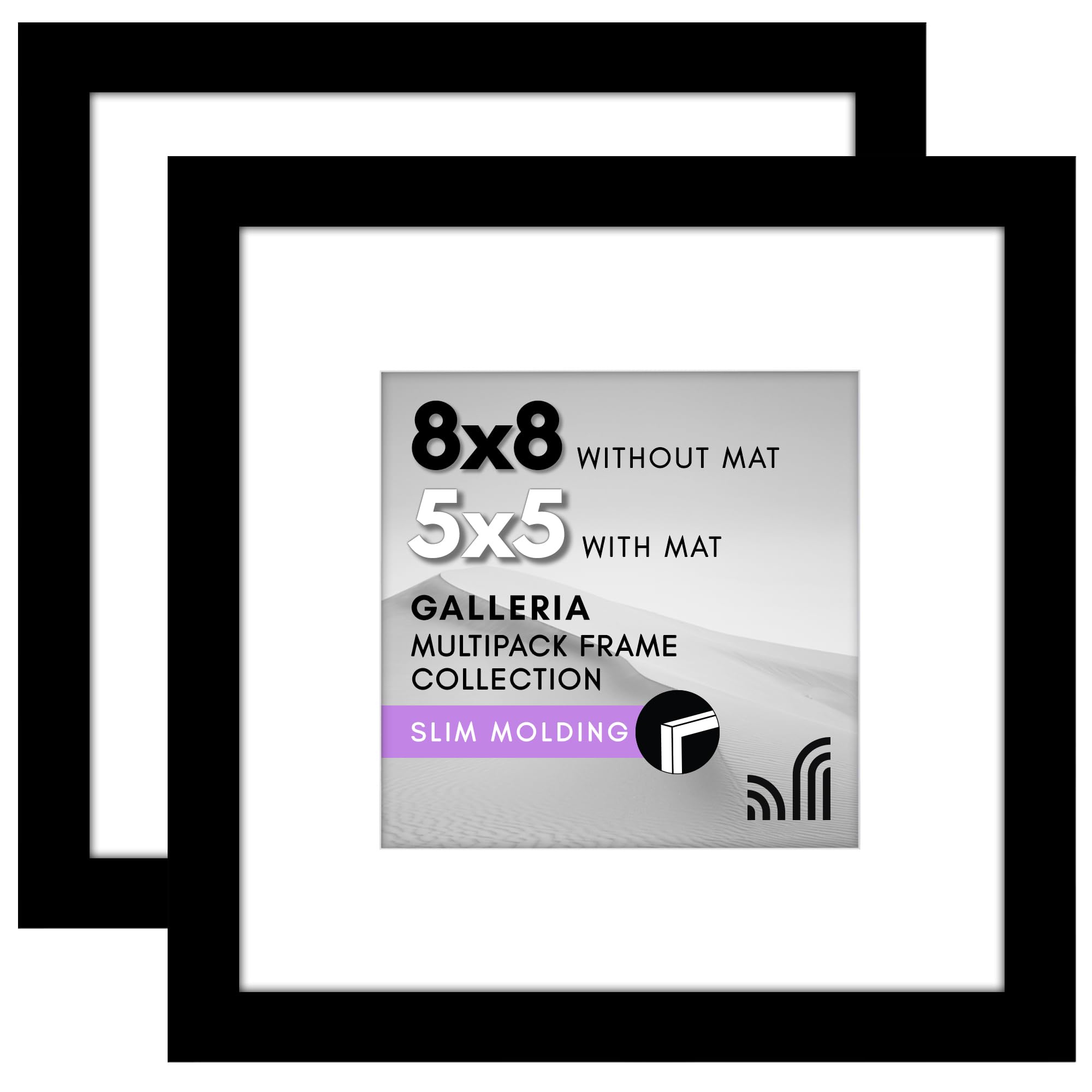 Americanflat 8x8 Picture Frame with Polished Plexiglass - Set of 2 - Use as 5x5 Frame with Mat or Display 8x8 Photo Without Mat - Galleria Collection - Square Frames for Tabletop and Wall - Black