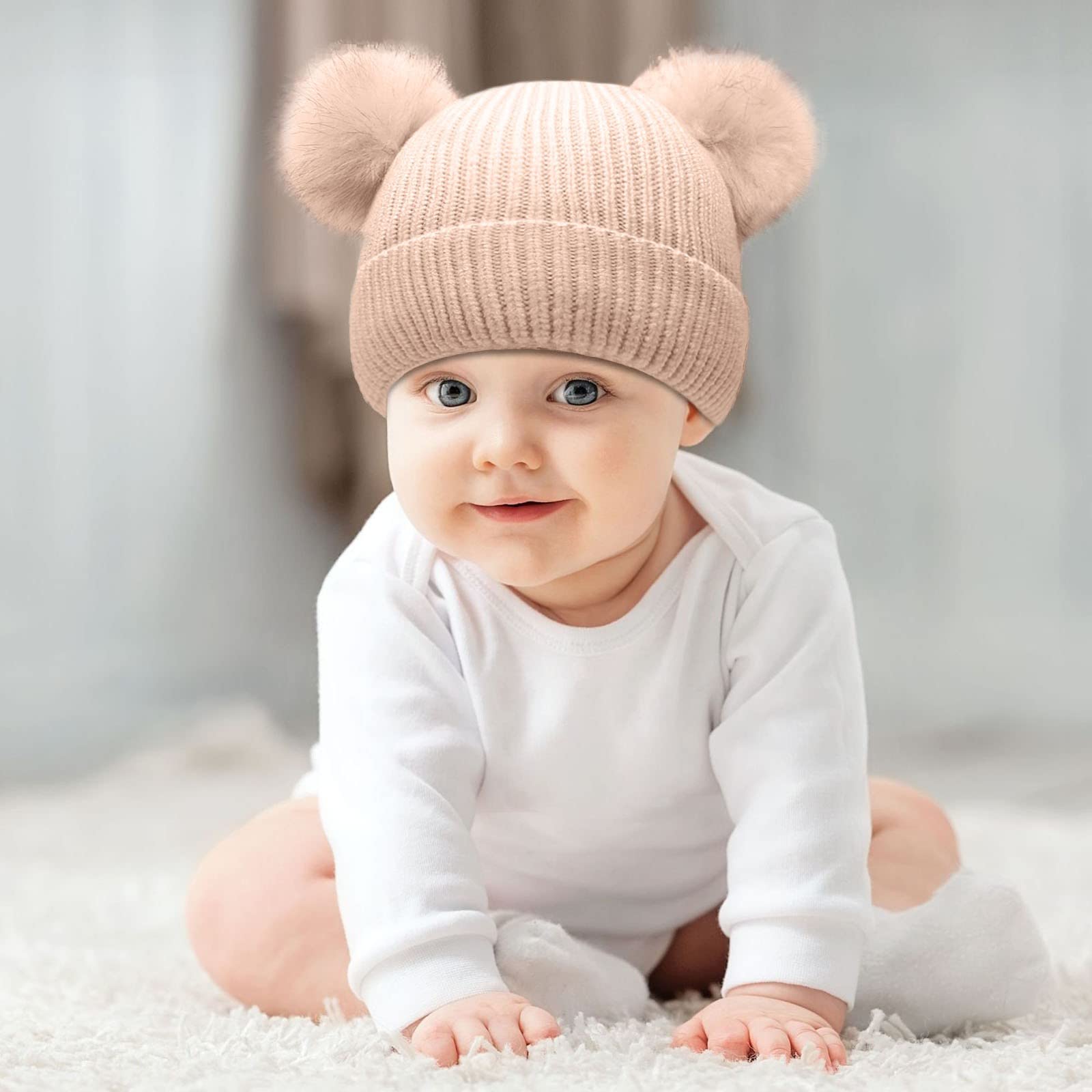 Zimowa Ciepła Czapka Z Dzianiny Miękka Zimowa Ciepła Czapka Piłka Z Uszami Zdejmowana Czapka Śliczne Czapki Dziecięce Czapka Z Daszkiem Z Ochroną Szyi/Pink/One Size
