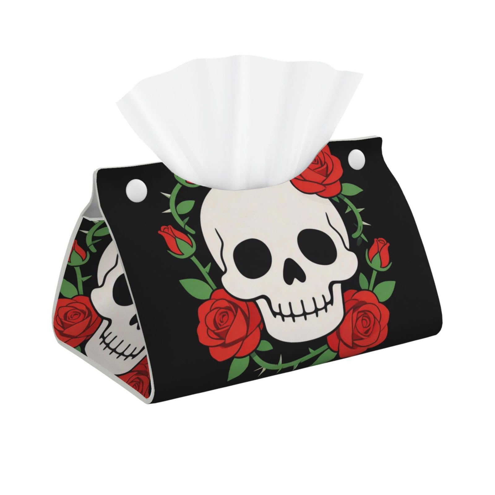 Skull Rose Long Leather Tissue Box Cover-Waterproof PU Leather Tissue Holder for Bathroom, Decorative Rectangular Tissue Case