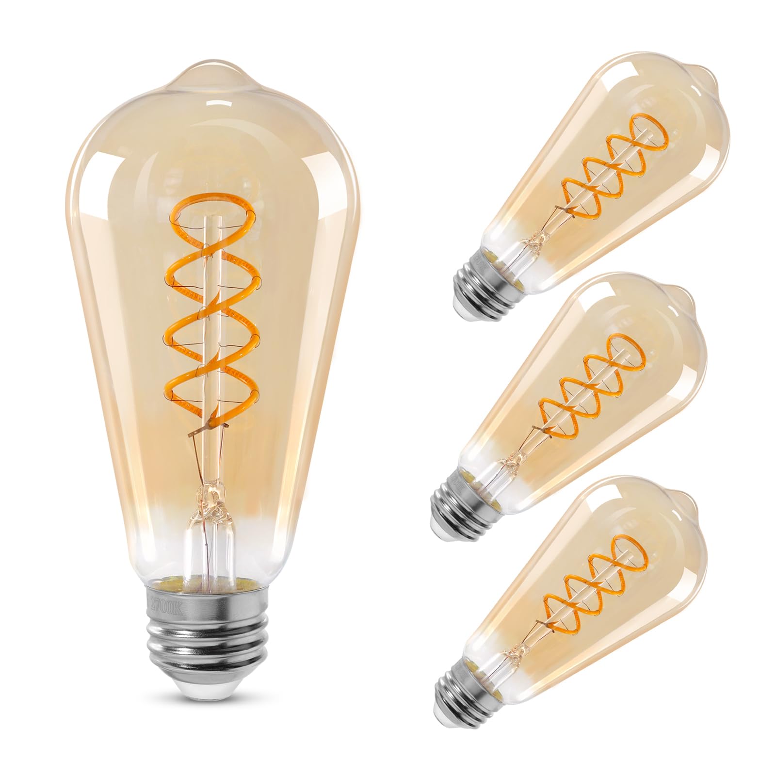 ST64 LED E26 Vintage Edison Light Bulbs, Light Amber Glass, Dimmable, 4W(40W Equivalent) 300 Lumens, 2500K Warm White, Spiral Filaments Design, Antique Style, 25000 Hrs, 4-Pack