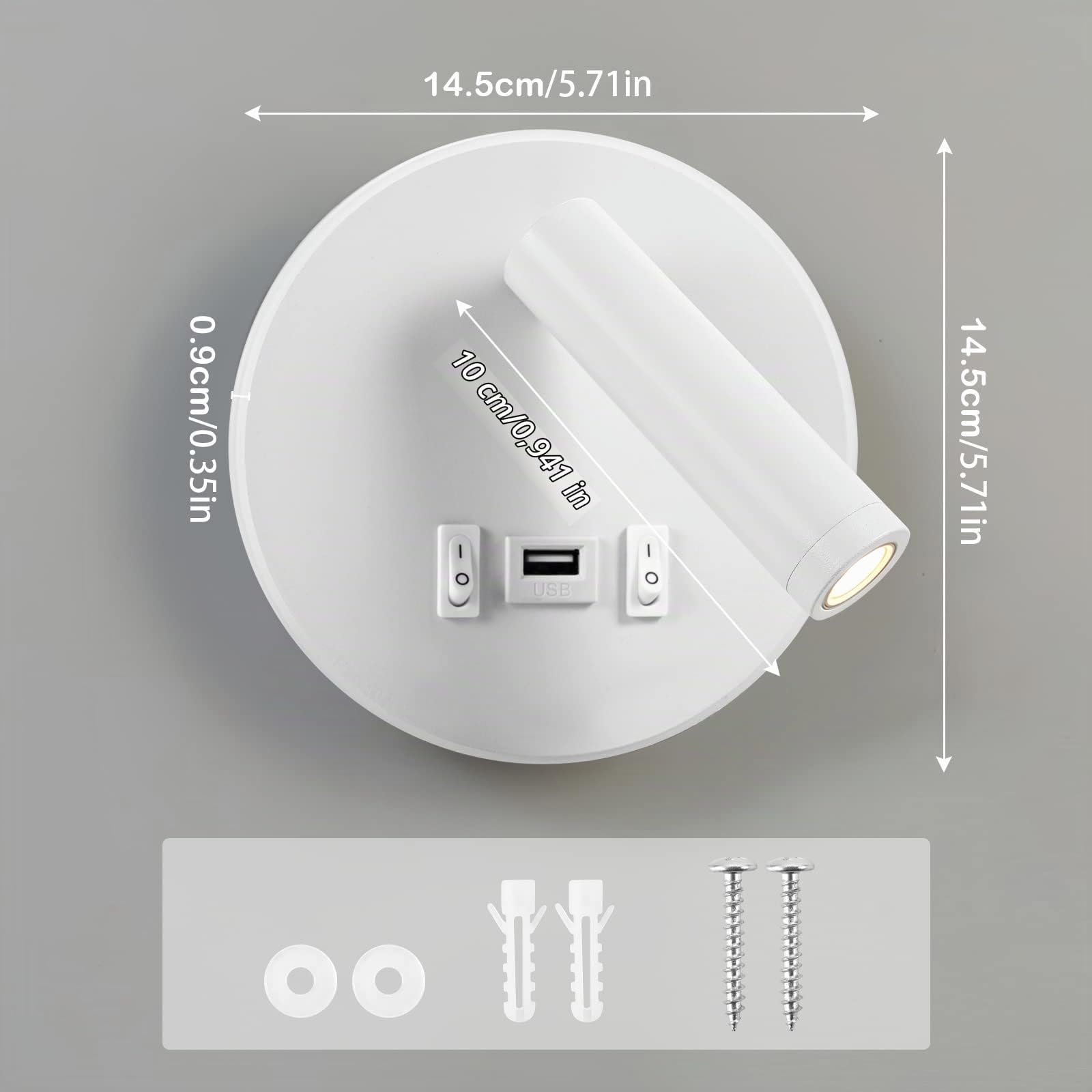 Weigudoc Lampada da Parete a LED con Porta di Ricarica USB, Lampada da Lettura da Comodino Orientabile, Applique da Comodino (3W 3000K+9W 3000K) per Camera da Letto comodino Soggiorno Studio (Bianco)
