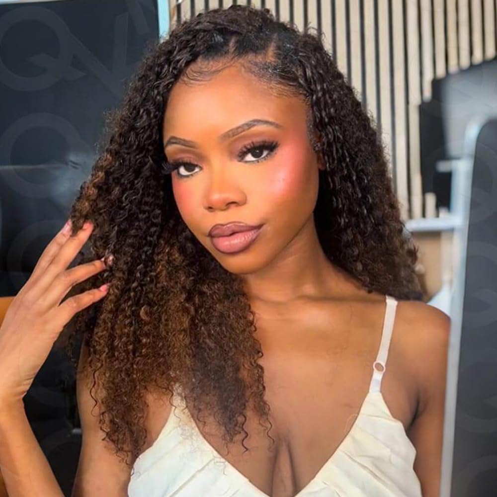 QVR Extensions de cheveux humains afro crépus bouclés au crochet fabriqués à la machine - Brun ombré - 35 cm