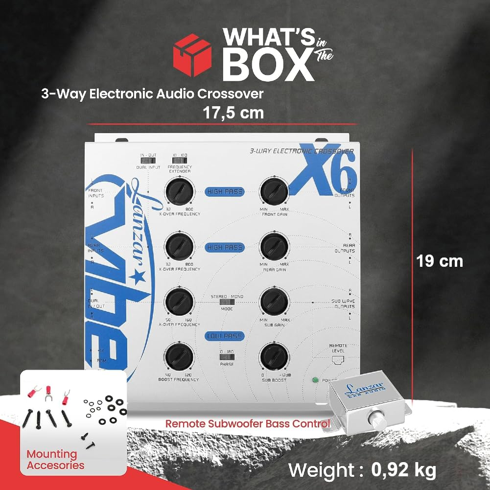 KIT Set pour LANZAR VIBEX6 1 égaliseur électronique Crossover 3 Voies 3 Sorties Avant/arrière/subwoofer avec télécommande subwoofer Inclus, 1 pièce