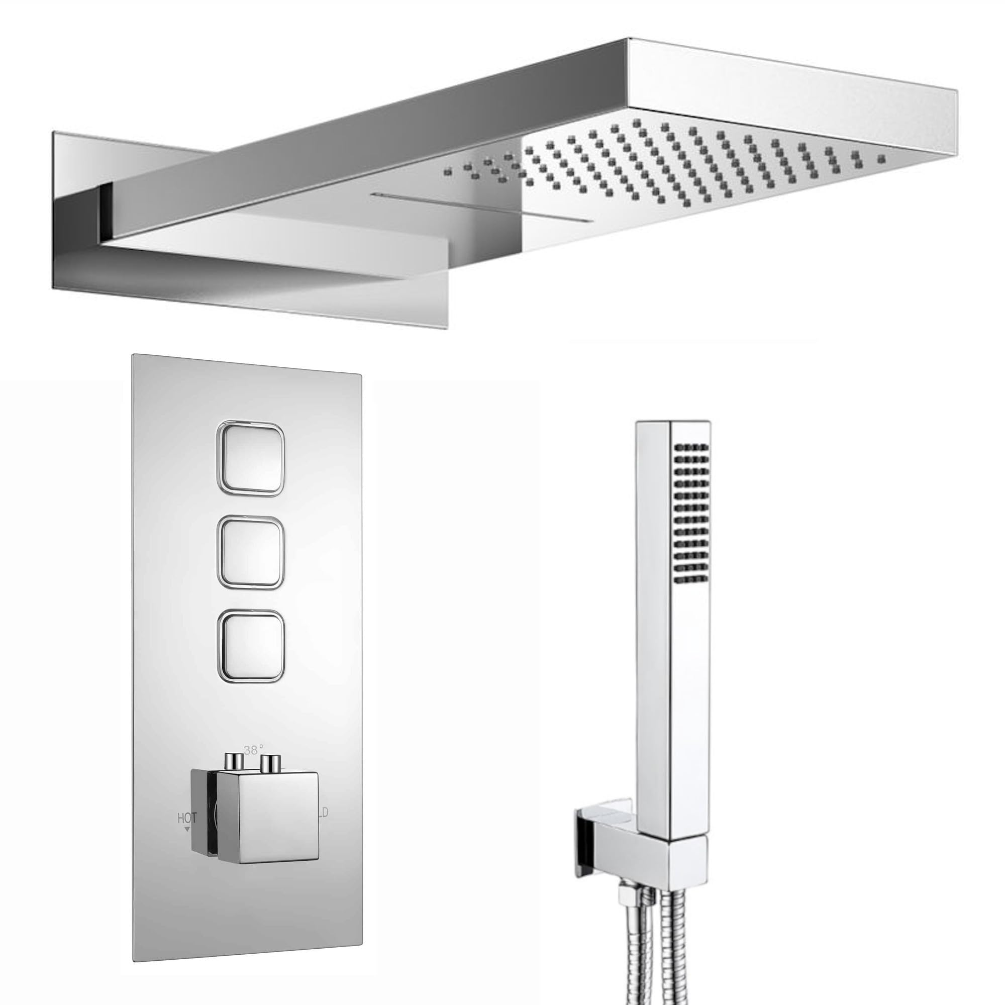 Enki Chrome Spello, Sh0097, Square Thermostatic Concealed Shower Set With Dual Overhead Shower, Handset Kit,