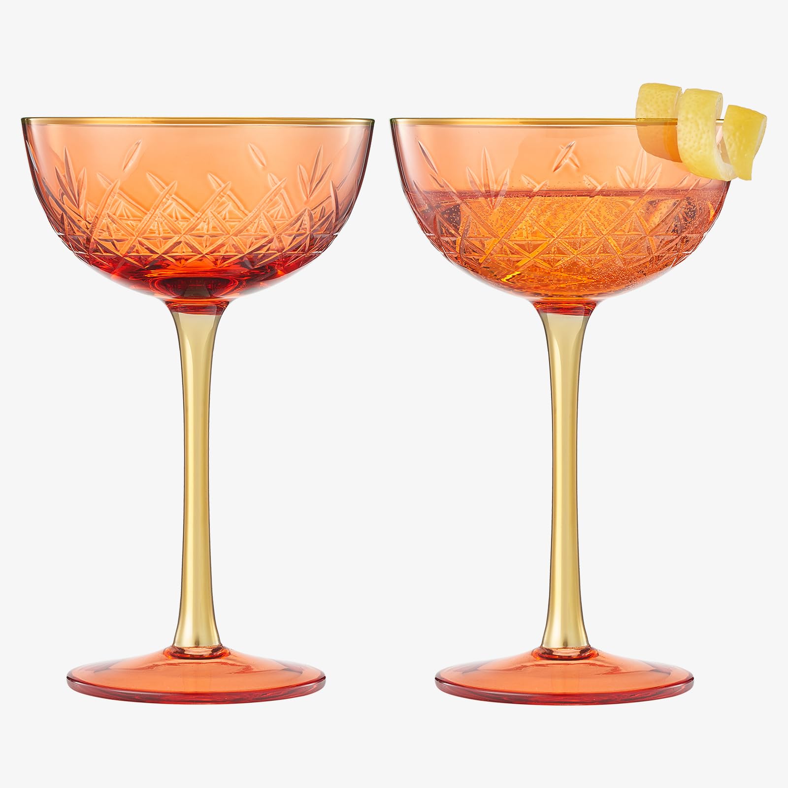 Coupes vintage Art déco lot de 2 verres à cocktail de 200 ml avec tiges rouge orange