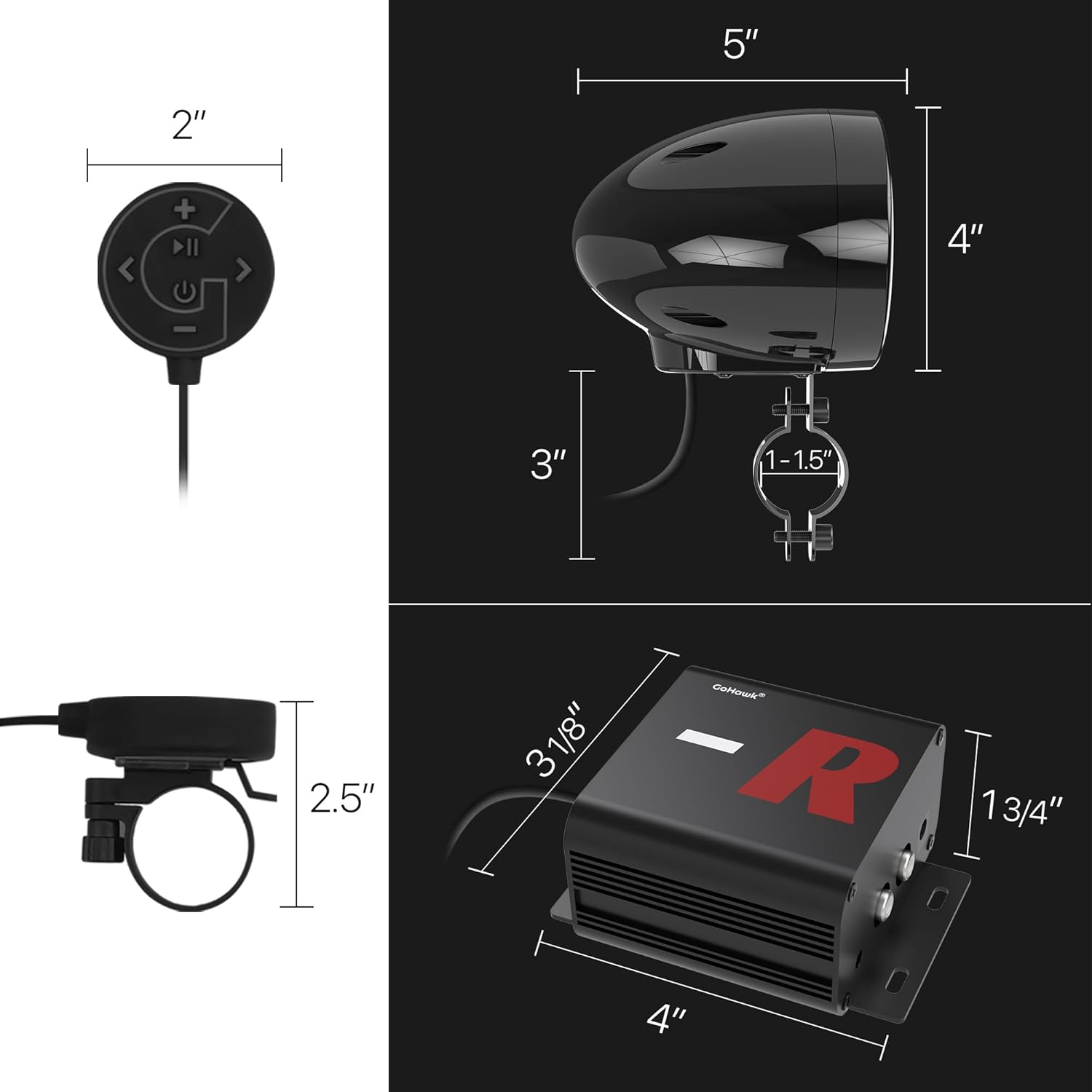 GoHawk Bluetooth Motorcycle Speakers and Amplifier Audio Sound System, FM Radio, Waterproof Speakers for ATV, UTV, Golf Cart