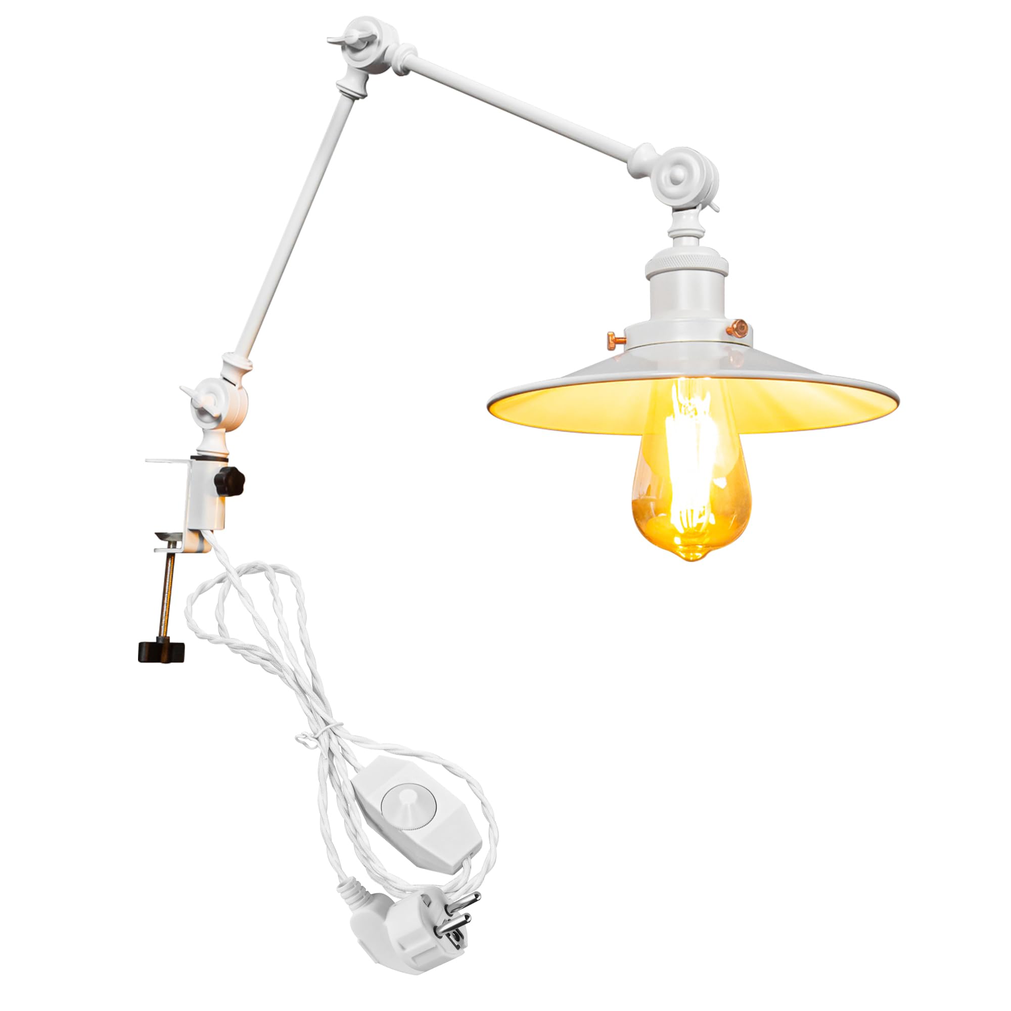 Lampada a morsetto retrò, 1 confezione di lampada da lettura con cavo da 2,5 m, dimmerabile, colore bianco, lampada da comodino, lampada da scrivania per ufficio, uso domestico, attacco E27,