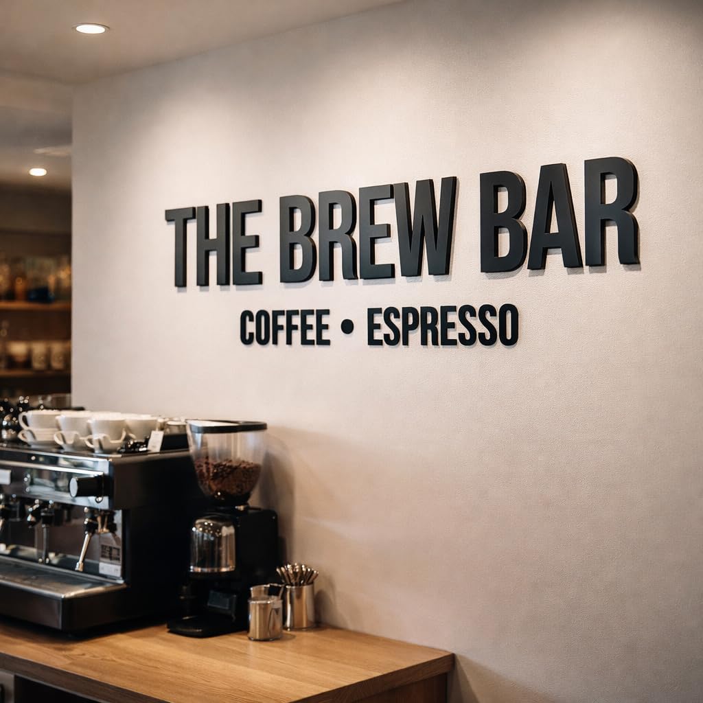 3D Acrylic Coffee Shop Wall Sign – Raised Gloss Black Business Logo Sign – Café, Coffee Bar, Espresso Bar Interior Branding Sign