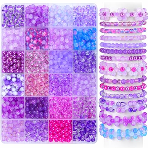 1200PCS 6mm Purple Glass Beads for Bracelets 24 Colors Assorted Violet Series Crystal Beads Bracelets Making Kit and Jewelry Making Bracelet Beads for Necklace Earring Crafts DIY