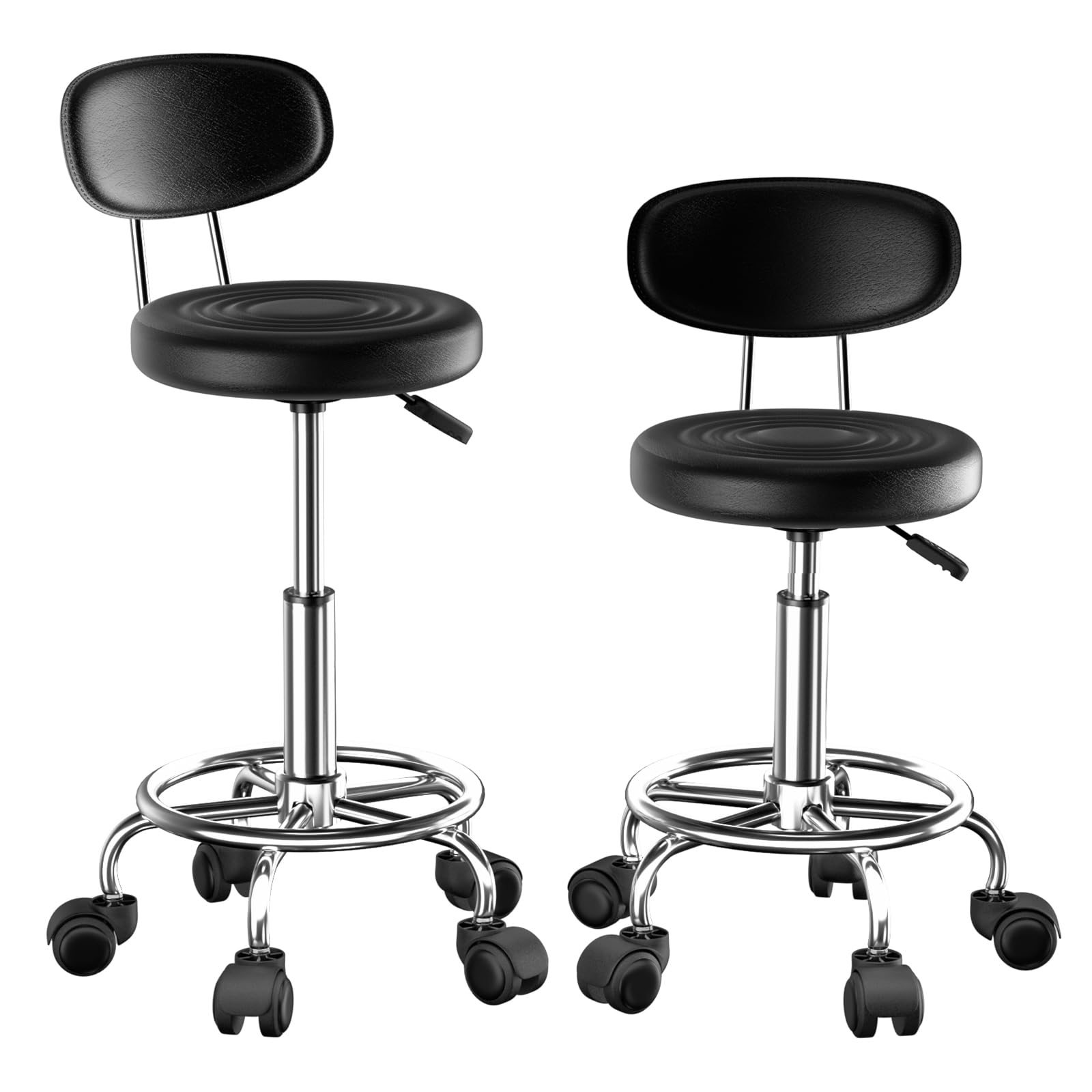 Juego de 2 Taburetes con Ruedas Taburete Acolchado y Respaldo Altura Ajustable 47-62cm Taburete de Esteticista Silla Maquillaje Taburete de Oficina para Peluquería y Oficina Negro