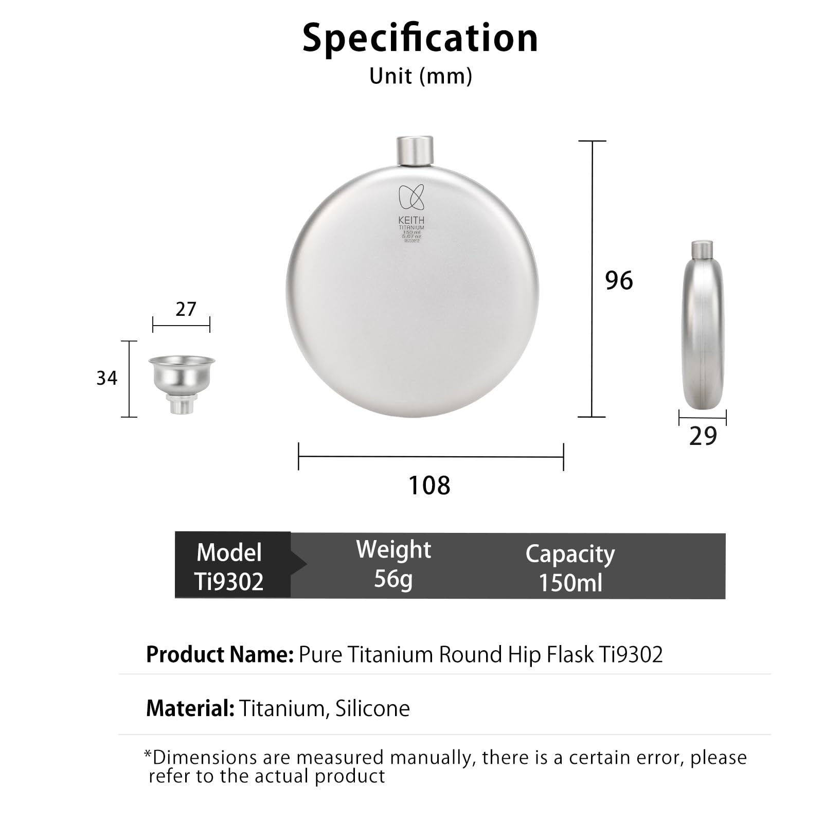 KEITH Ti9302 Titanium Hip Flask Portable Small Water Bottle for Whiskey, Liquor and Alcohol with Funnel Camping Equipment 5oz