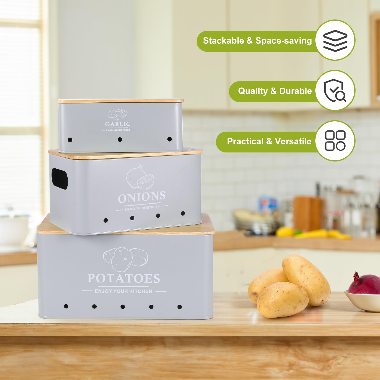 Küche Gemüse Aufbewahrung Set 3 Stück Metall Zwiebeln Knoblauch Kartoffel Aufbewahrungs-Set Küche Kanister Gemüse Behälter Behälter mit Belüftungslöchern und Holzdeckel (Grau)