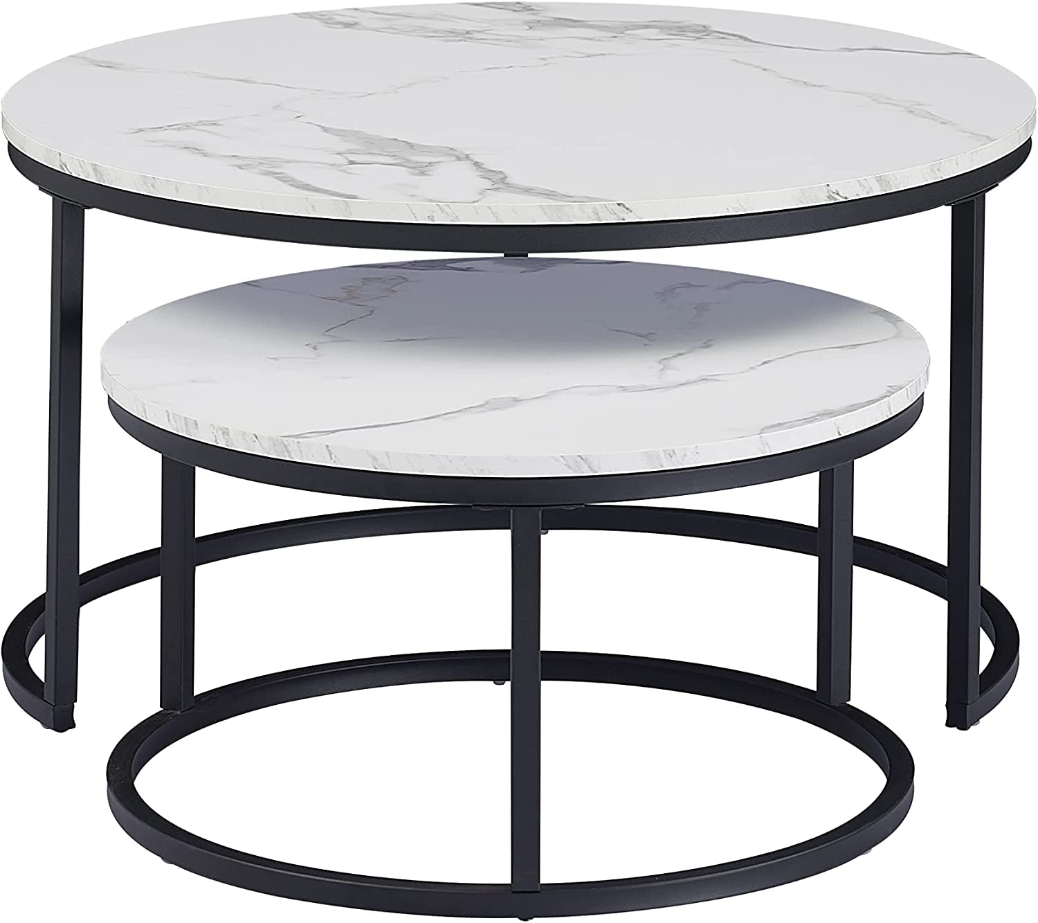 Set di 2 Tavolini Rotondi, Tavolini, Grandi: 60 x 60 x 45 cm. Piccolo: 40 x 40 x 35 cm, Tavolino da Soggiorno, Bianco e Nero