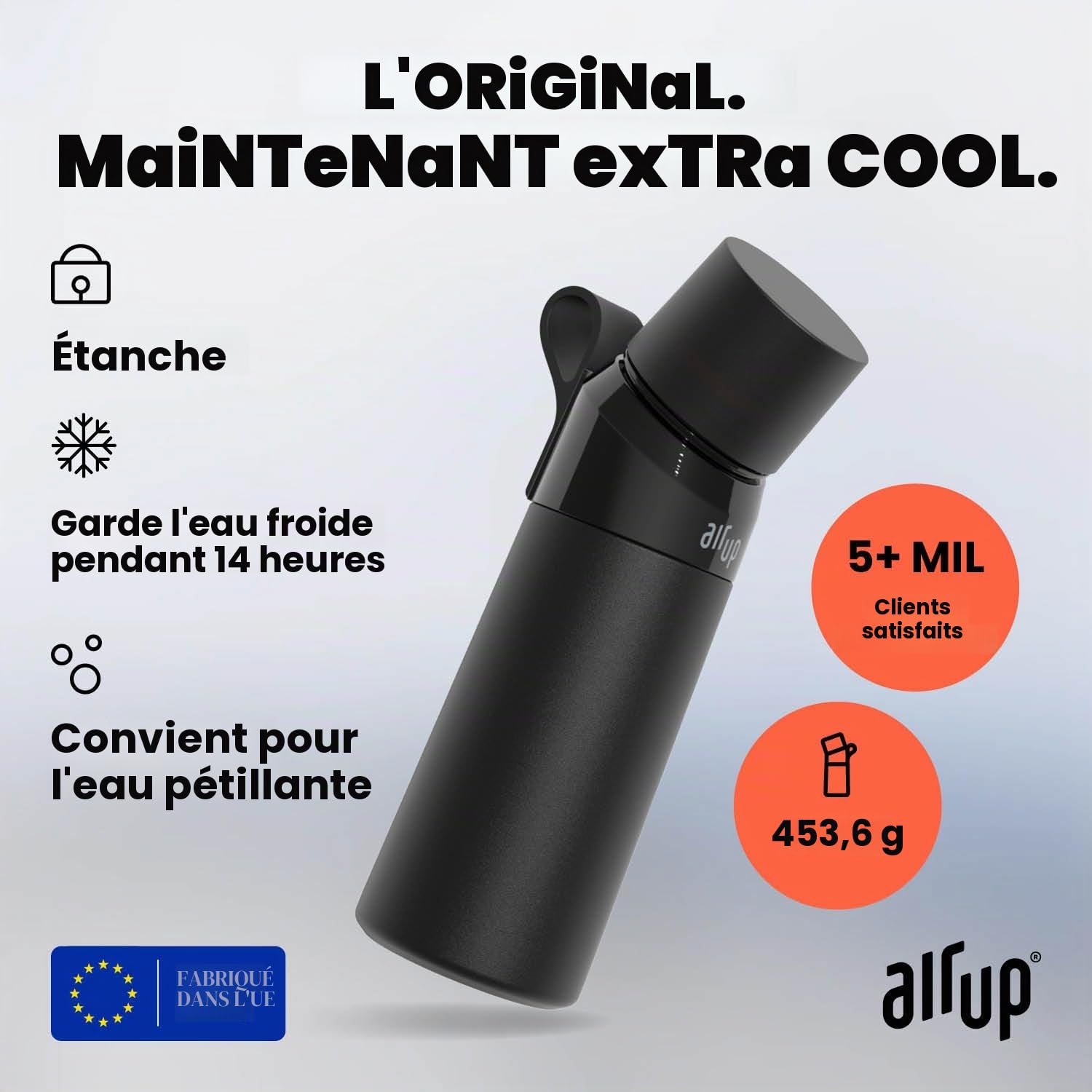 air up® Bouteille d'eau (473 ml) en acier noir + 3 capsules de cola | Capsules de saveur sans sucre et bouteilles d'eau avec paille | Bouteille d'eau aromatisée