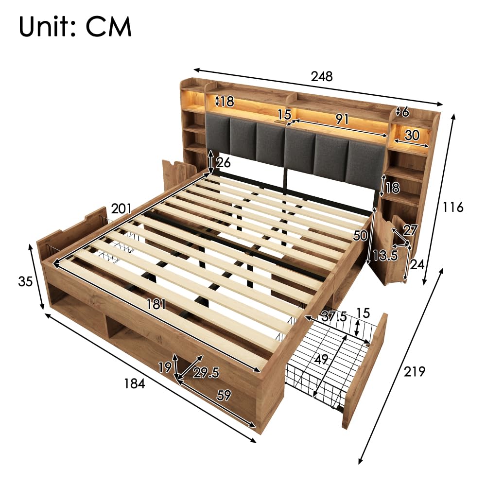 Cama de 180 x 200 cm con cajones, iluminación LED, puertos USB y Type-C, cama de 180 x 200 cm con somier de láminas de madera, estructura de cama de matrimonio con almacenamiento, roble, cabecero