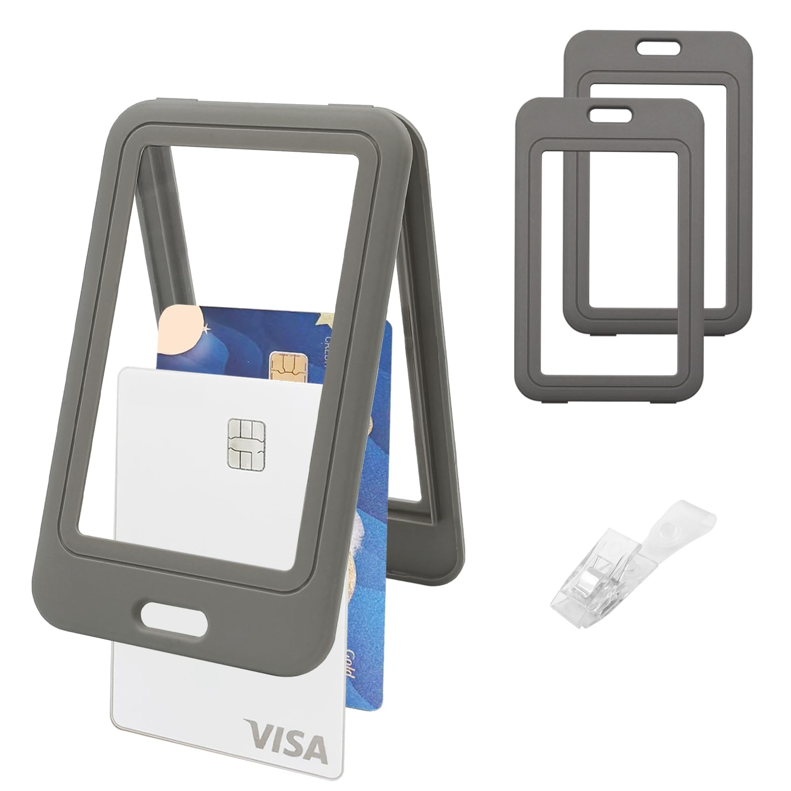 BOKOVNGEE ID Badge Holder with Plastic Clip, Double-Sided Transparent Windows Vertical Hard Gray Plastic Case Waterproof Card Holder for Office School