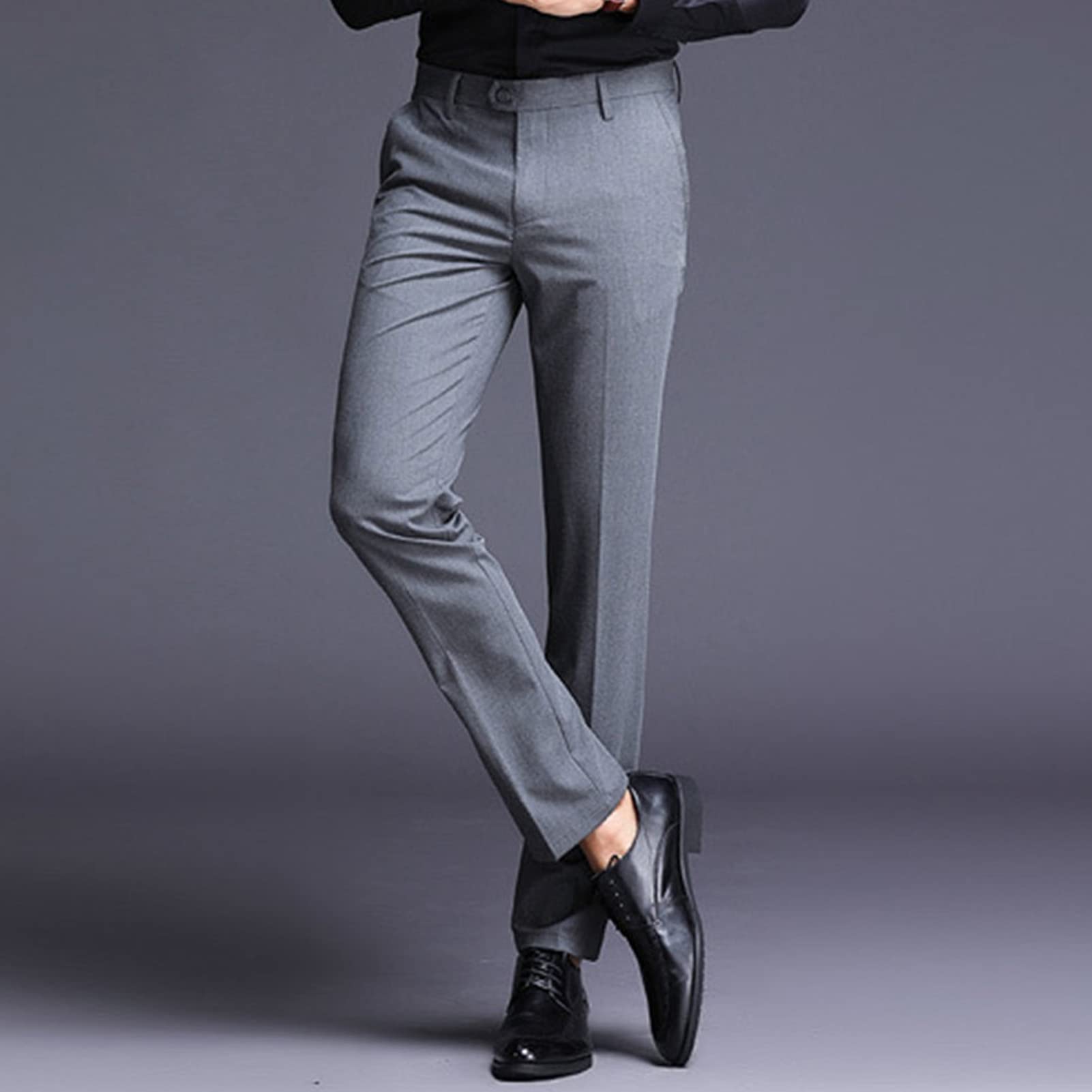 Men's Slim Fit Skinny Stretch Pant Classic Solid Color Tapered Suit Pant Lightweight Business Comfort Trousers (Grey,36)
