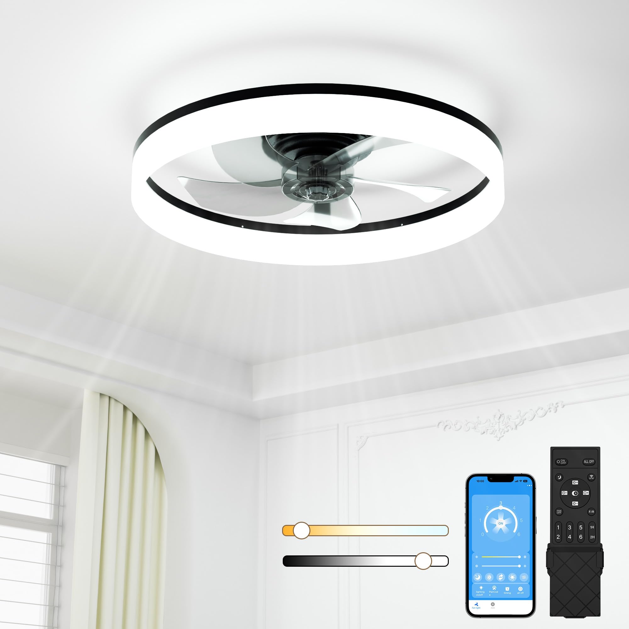 NIORSUN Deckenventilator mit Beleuchtung, 50cm Deckenventilator mit APP Fernbedienung Leise,LED Deckenleuchte Dimmbar, 3 CCT, 6 Windstufen, Deckenventilatoren mit Licht für Schlafzimmer Schwarz