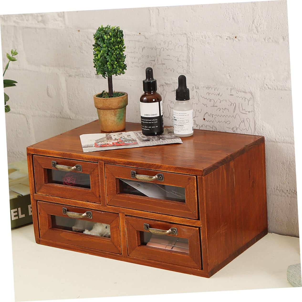 Schreibtisch-Organizer aus Holz mit Schubladen, Büro-Schreibtisch-Aufbewahrungsschrank für kleine Räume, Schreibtisch-Organizer für Make-up und Zubehör, Hellbraun