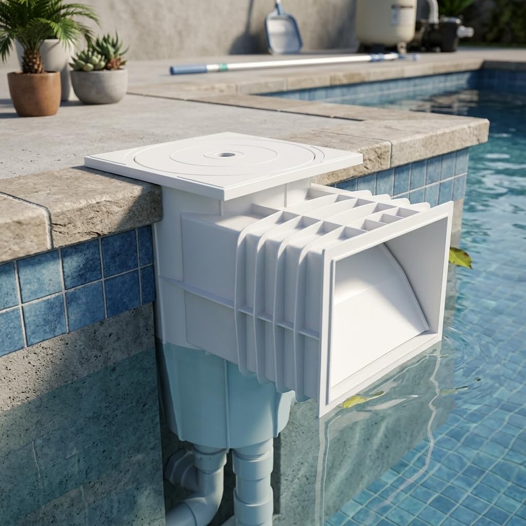 Skimmer Suinga da 15 litri di capacità con bocca standard e coperchio quadrato a pressione per piscine in cemento.