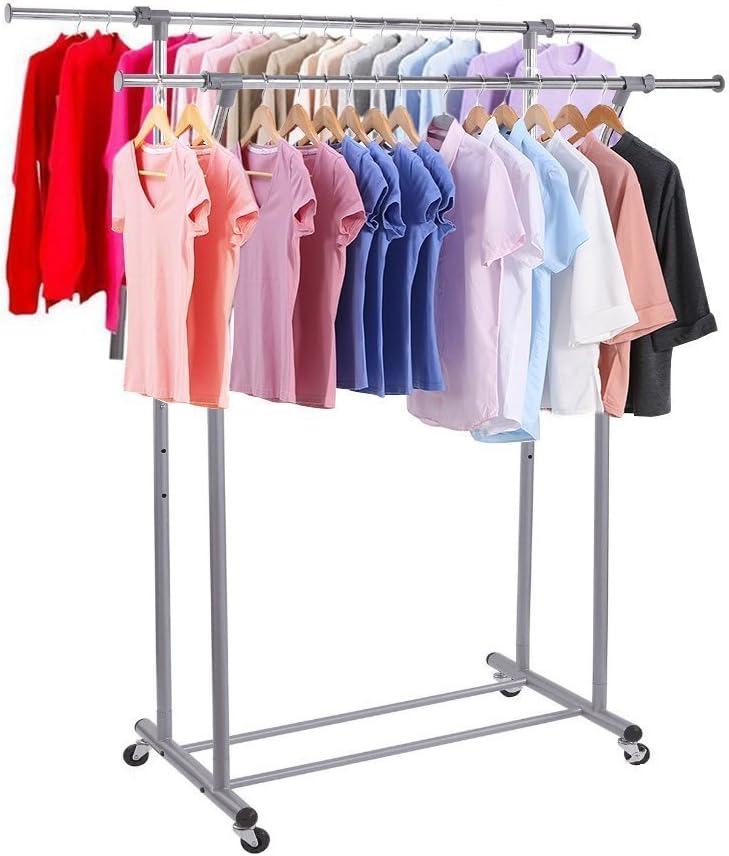 Double Rail Clothes Rack Adjustable Rolling Clothing and Garment Rack with Upgraded Commercial Wheels - Gray & Chrome