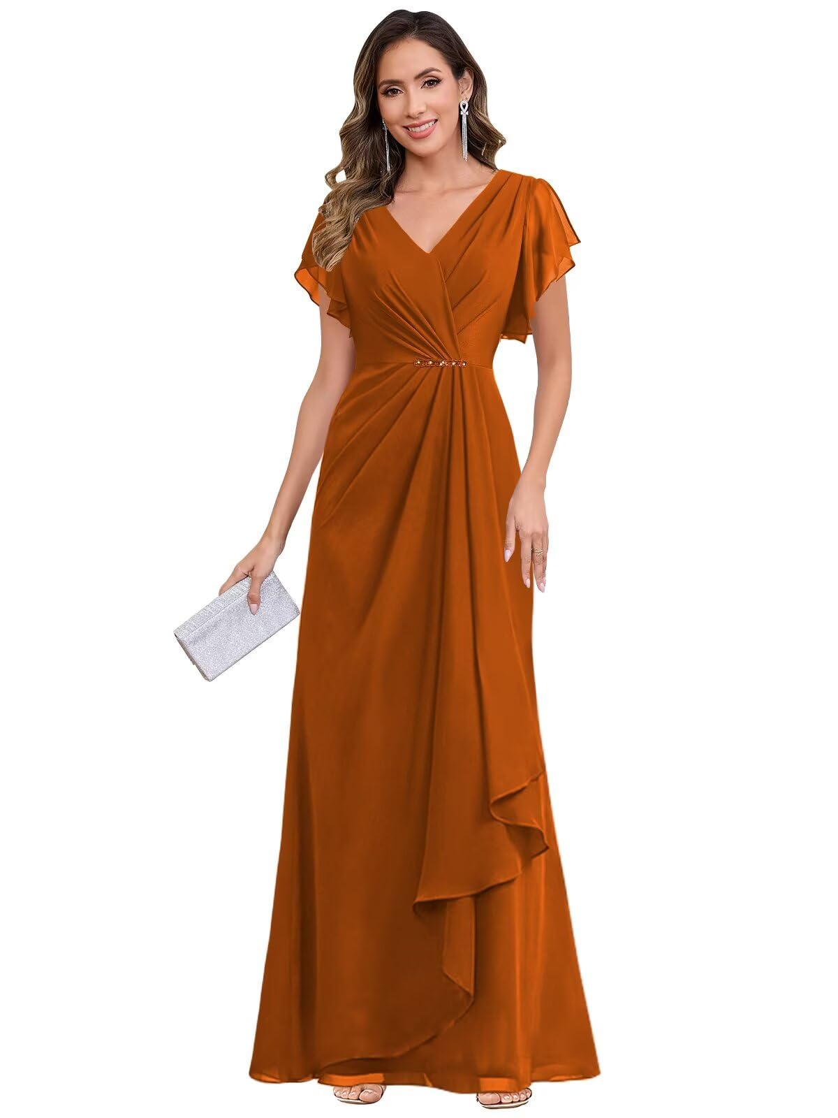 HANVAIOS Mother of The Bride Dresses for Women Long Chiffon V Neck Wedding Guest Dress with Sleeves
