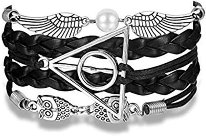 4MEMORYS Vintage Owl Wings Charm Bracelet Handmade Leather Rope Bracelet for Harry Potter Fans