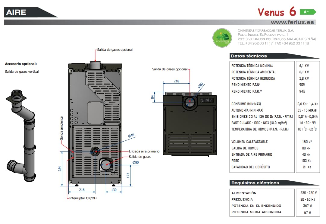 BRICOSOL ESTUFA DE PELLETS VENUS 6 NEGRO DE FERLUX
