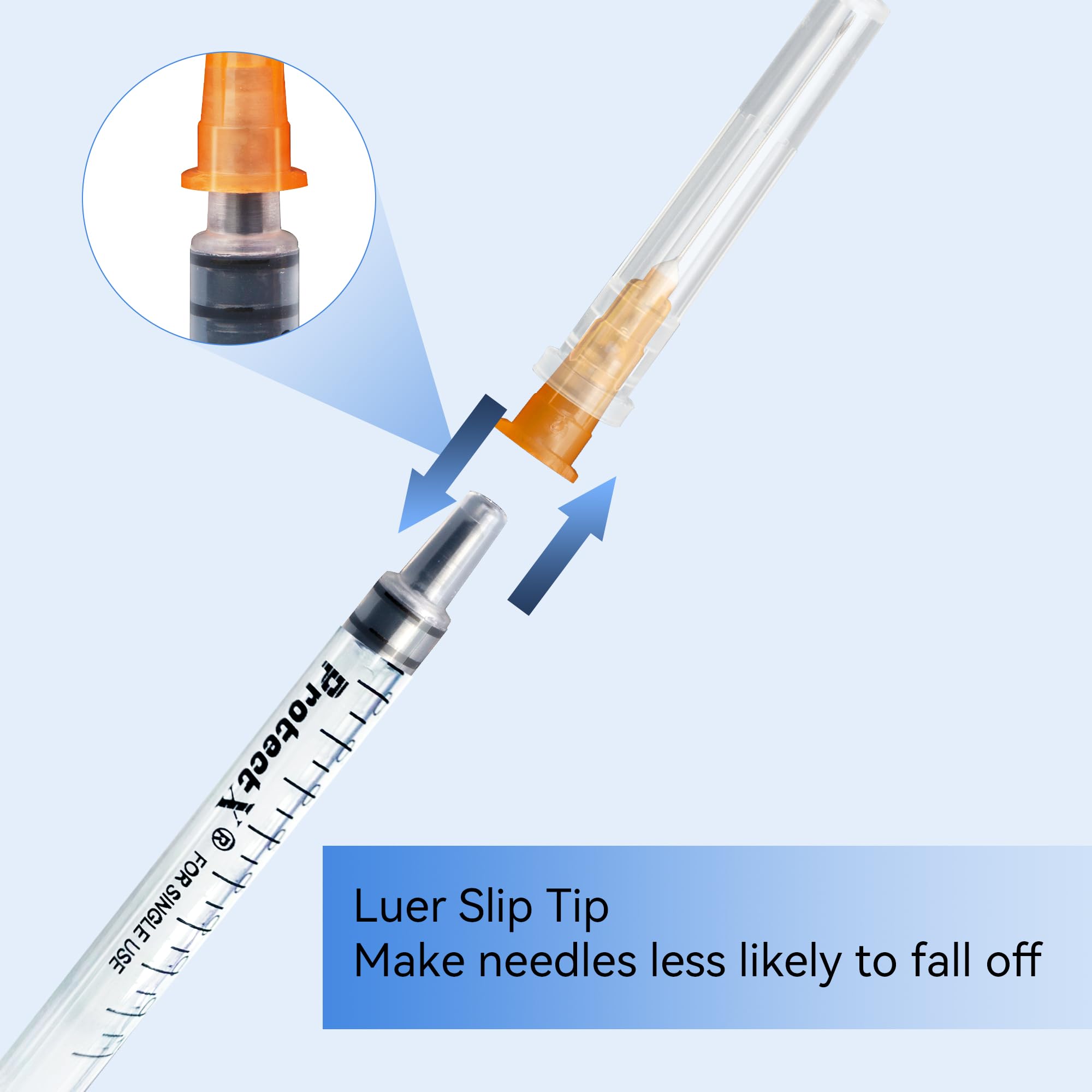 ProtectX 50 sztuk strzykawek 1 ml/cc z igłą 25G, jednorazowa strzykawka Luer Slip do laboratoriów naukowych, przemysłowe dozowanie artykułów dla zwierząt i zwierząt domowych, pakowane pojedynczo