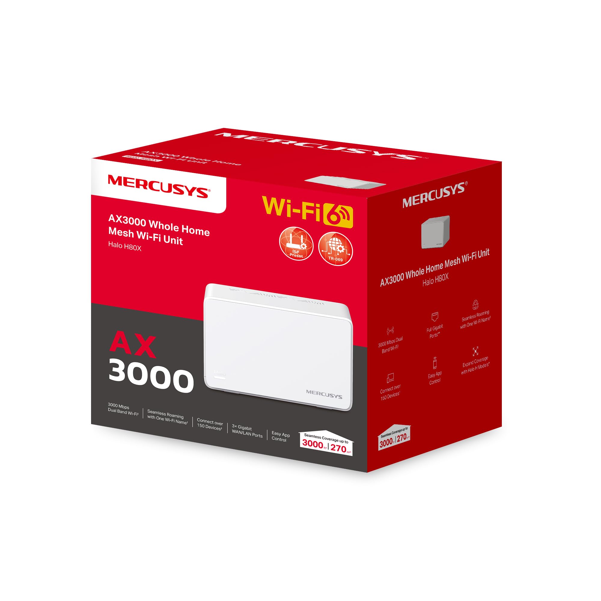 Mercusys Halo H80X (1 Paquete) - Sistema de Malla WiFi6 AX3000, 3 Puertos Gigabit, itinerancia fluida, MU-MIMO, Control Parental transmisión 4K y Alcance Completo en Toda la casa