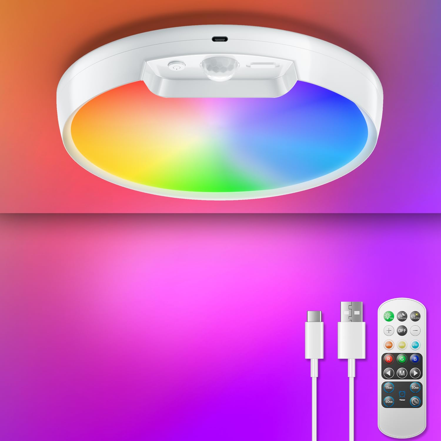 Homelist Rechargeable RGB Ceiling Light with Motion Sensor and Remote, 8000mAh Battery LED Ceiling Lamp, 3 White Color Temps + RGB Mode, Wireless Light for Bedroom, Bathroom, Kitchen