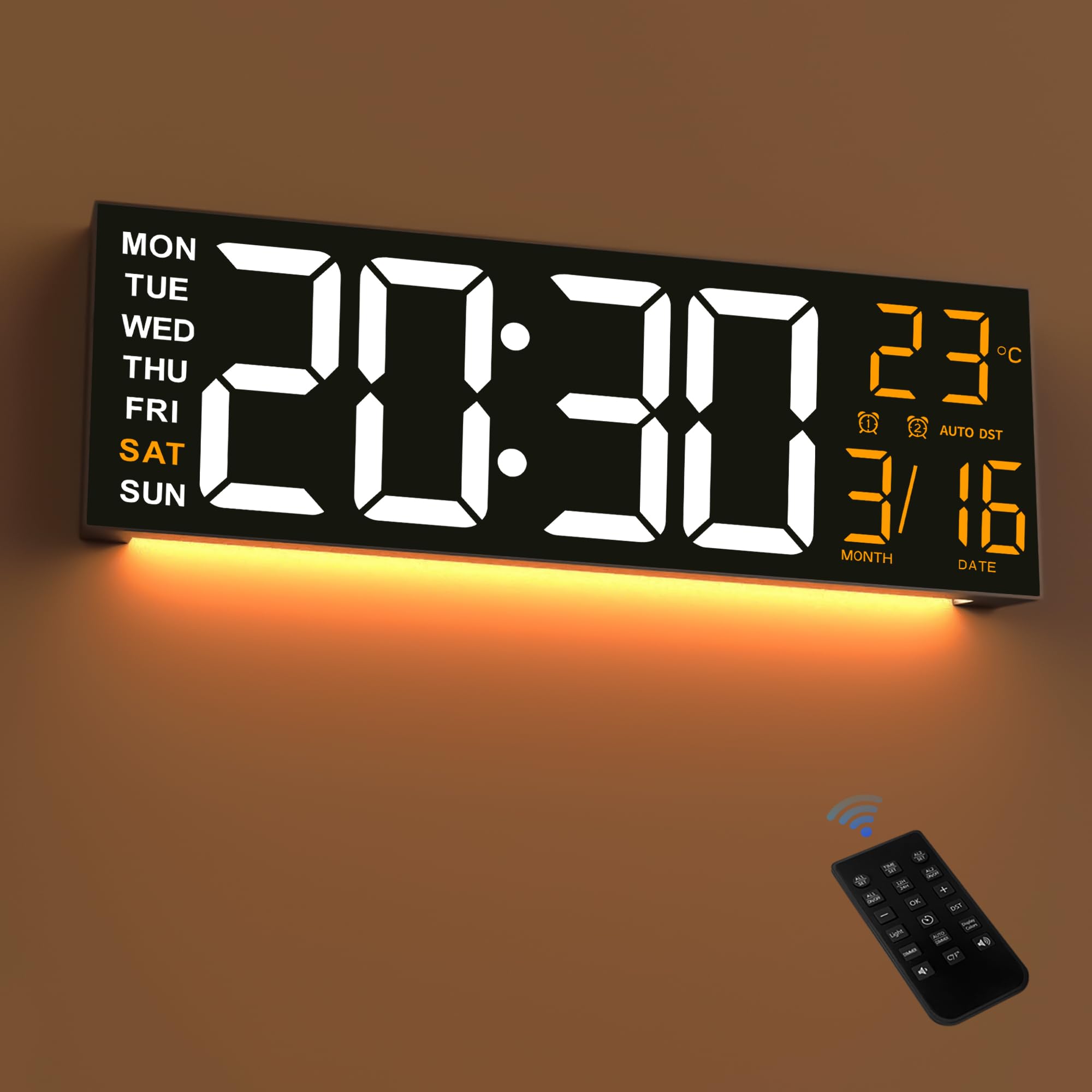 Orologio Digitale Da Parete 41cm - Con Temperatura, Data, Luminosità Regolabile - 8 Colori - Telecomando