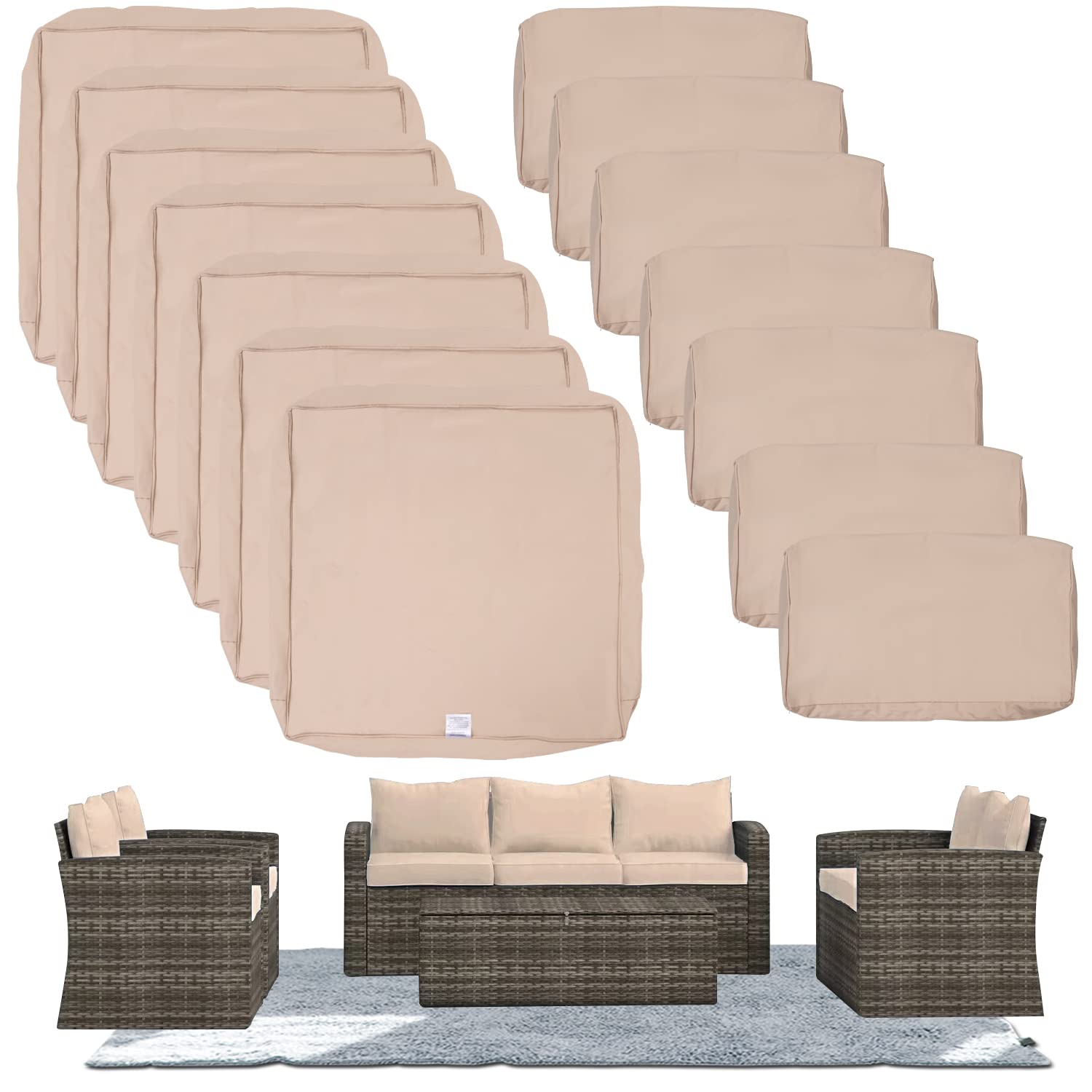14 Pack Outdoor Patio Cushions Replacement Covers Fit for 5 Pieces 7-Seater Wicker Rattan Patio Furniture Conversation Set Sectional Sofa Seat and Back Pillow Cushion,Water-Resistant Fadeless, Khaki