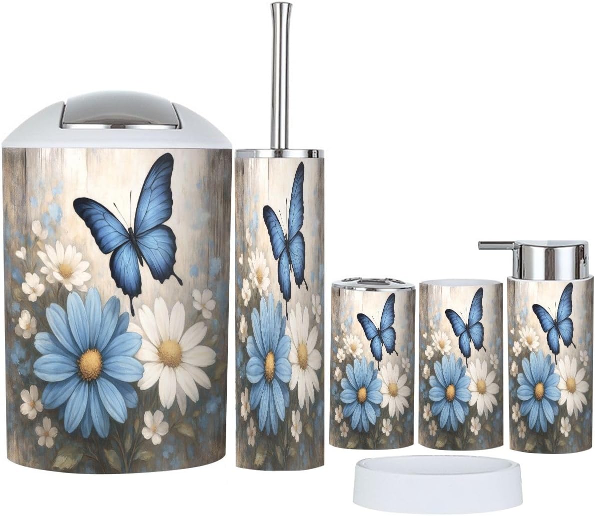 Bathroom Accessory Set 6 Piece Boho Flower Shower Daisy Wild Rustic Floral Blue Daisies Butterfly Wooden Trash Can, Toothbrush Holder, Soap Dispenser, Soap Dish, Toothbrush Cup, Toilet Brush Holder