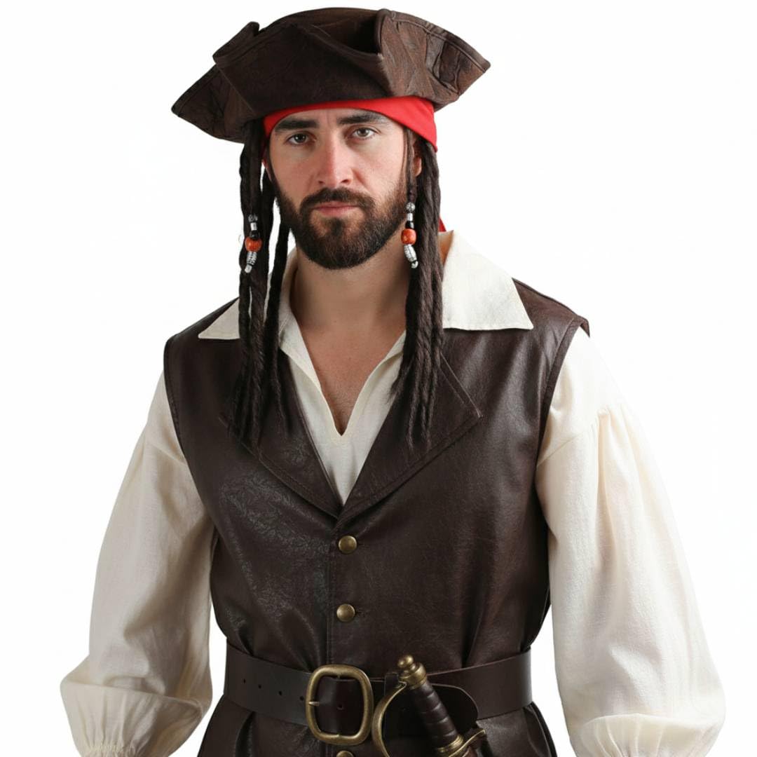 Caribbean Pirate Costume Accessories Set - Adult Brown Tricorn Pirate Hat with Dreadlocks, Red Bandana & Inflatable Cutlass Sword for Halloween & Fancy Dress