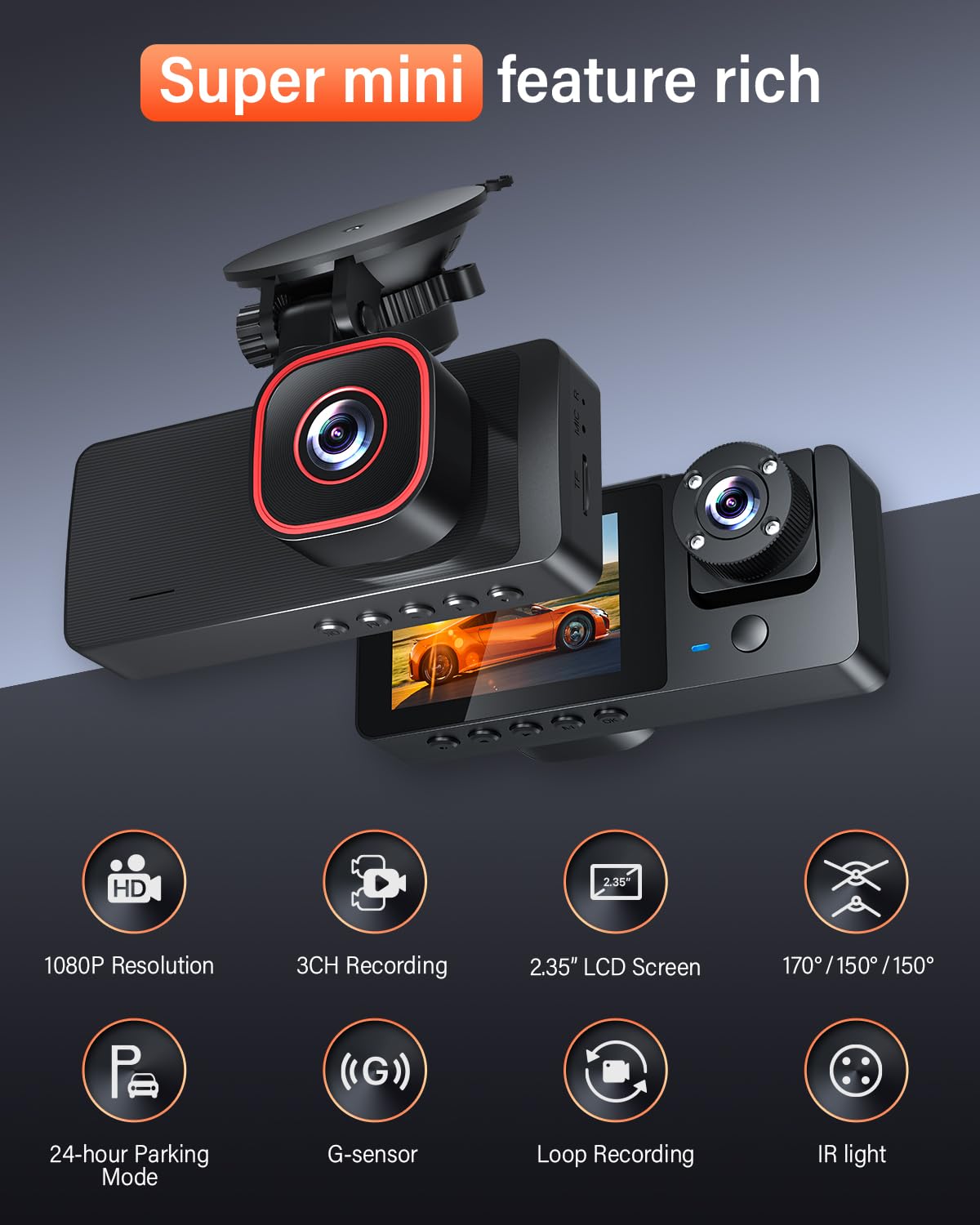 Bestsee Dashcam 1080P - Cámara de salpicadero para coche (2,35", pantalla IPS, tarjeta SD de 64 GB, vigilancia de aparcamiento 24H, visión nocturna WDR, sensor G, grabación en bucle, ángulo de visión