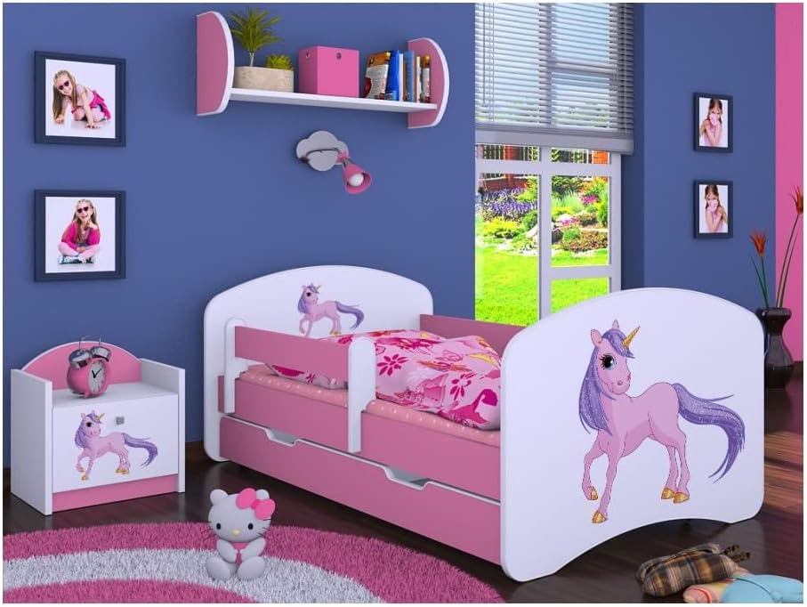 BDW - Cama infantil con colchón y cajón, 140/160/180/190 diseños diferentes para niños unicornio (rosa, 140 x 70)