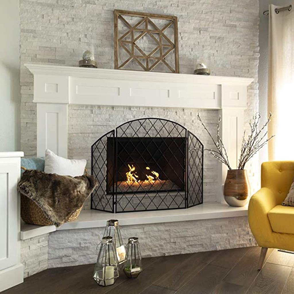 Schermo di Protezione per Camino Pieghevole a 3 Pannelli, parascintille, parafiamma, divisorio con Design ad Arco per stufe a Legna e a Carbone,Black