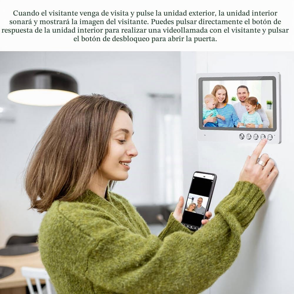 Intercomunicador de Videoportero WiFi de 9pulgadas con Sistema de Cámara de 4 Cables 700TVL,Desbloqueo Remoto de Aplicaciones, Visión Nocturna,Grabación,Detección de Movimiento