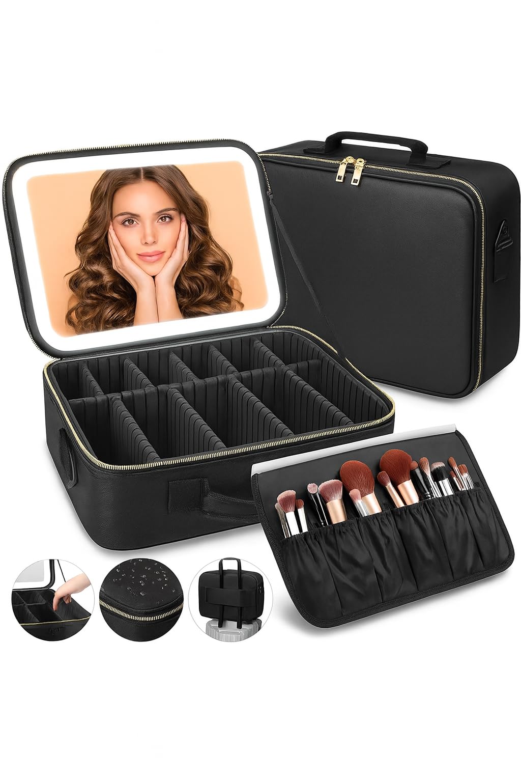 Coslifestore Large Makeup Case with LED Lighted Mirror – Travel Cosmetic Organizer with Adjustable Dividers, Brush Holder & Waterproof Exterior – Professional Beauty Storage Bag for Women (Jet Black)-image-22