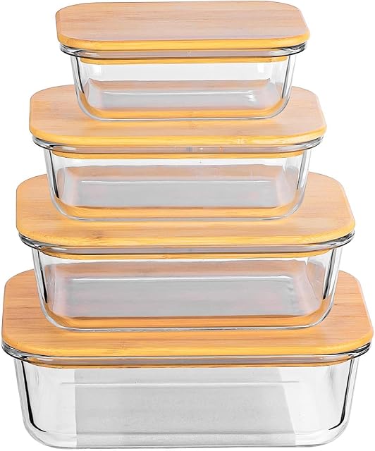 iTrend 4pc Glass Food Storage Set with Bamboo Lids - Leakproof & Airtight Boxes - Plastic-Free, Heat & Cold Resistant Glass - Microwave, Oven & Dishwasher Safe - Ideal for Lunch, Meal Prep & Baking