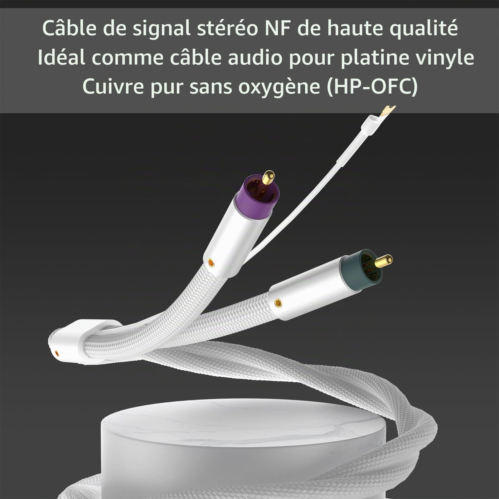 Tertullus Câble phono avec terre - 1 m - Blindage argenté - Câble de bras de lecture OFC plaqué argent - Câble RCA RCA - Câble de terre - Connecteurs plaqués or - Pour platine disque, amplificateur