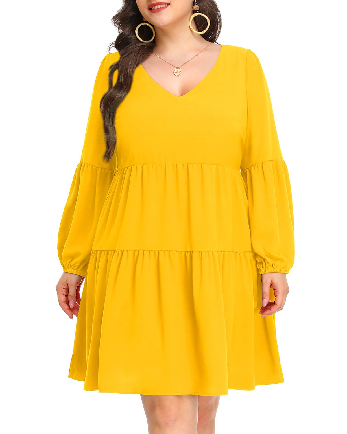 Pinup Fashion Plus Size Long Sleeve Fall Dress - Casual Babydoll Tunic Shift Tiered Flowy Dresses