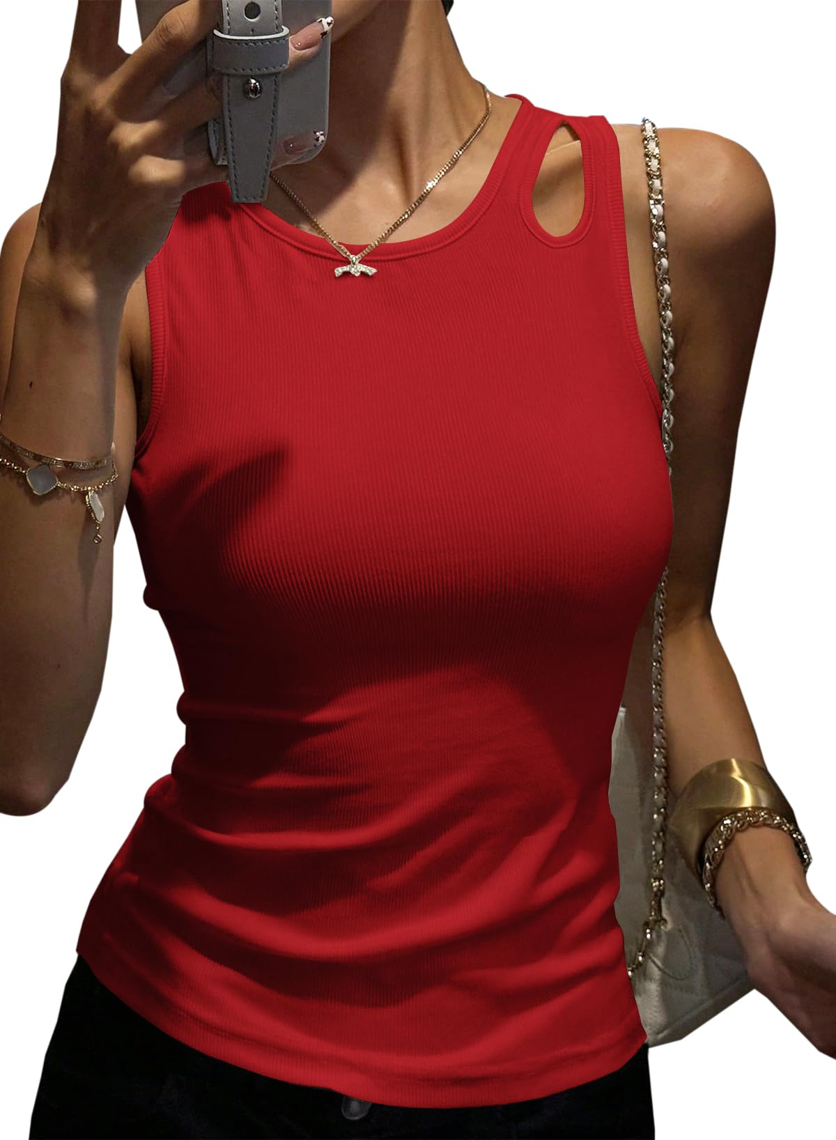 LOLONG Womens Tank Tops Summer 2025 Sleeveless Crew Neck Ribbed Shirts Casual Cut Out Fitted Tanks