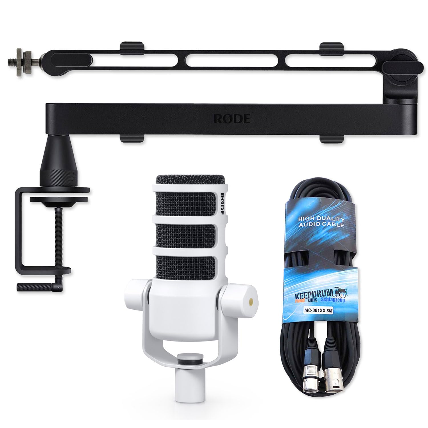 Rode Podmic - Micrófono con brazo de micrófono LPA1 y cable XLR keepdrum, color blanco