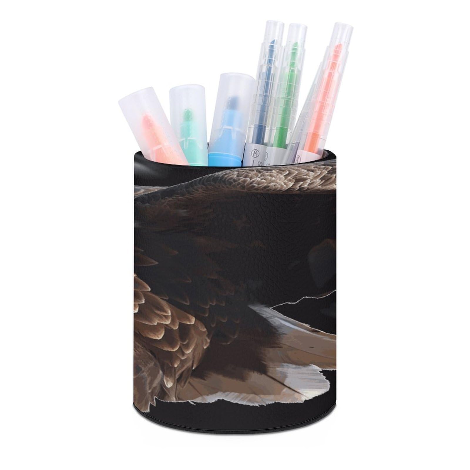 VstaDank An Eagle Pen Holder Round Pencil Holder Cup Pen Container PU Leather Desk Organizer Stand Decor Brush Scissor Holders Decoration Office Desk Home (3.1 X 3.9 Inches)