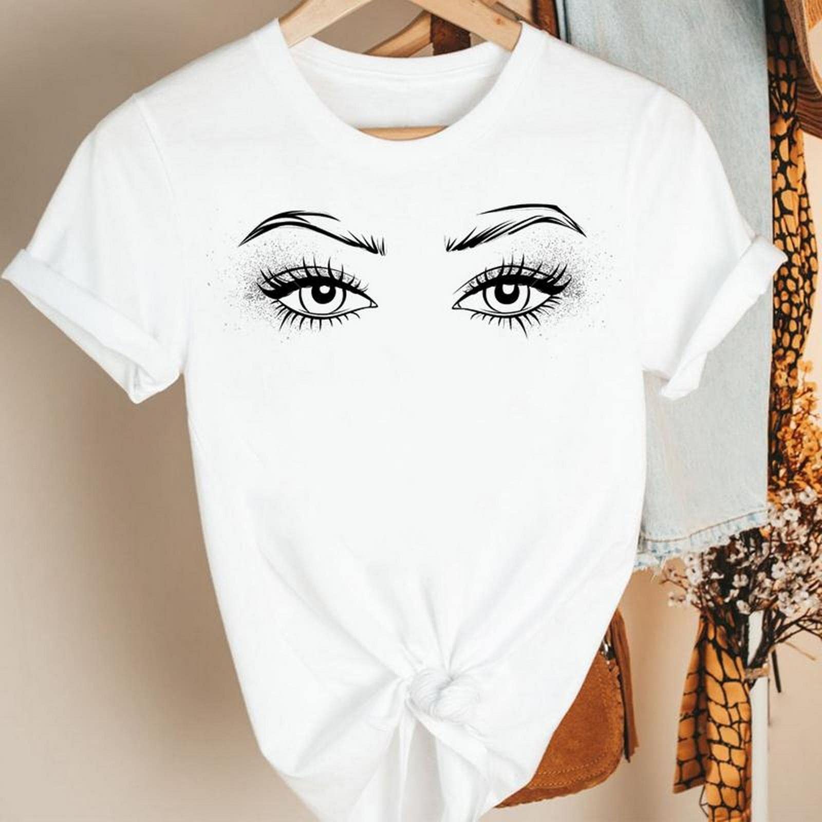 MOGSA T-shirt d'été à manches courtes pour femmes - Joli œil de cils - Dessin animé - 20, M