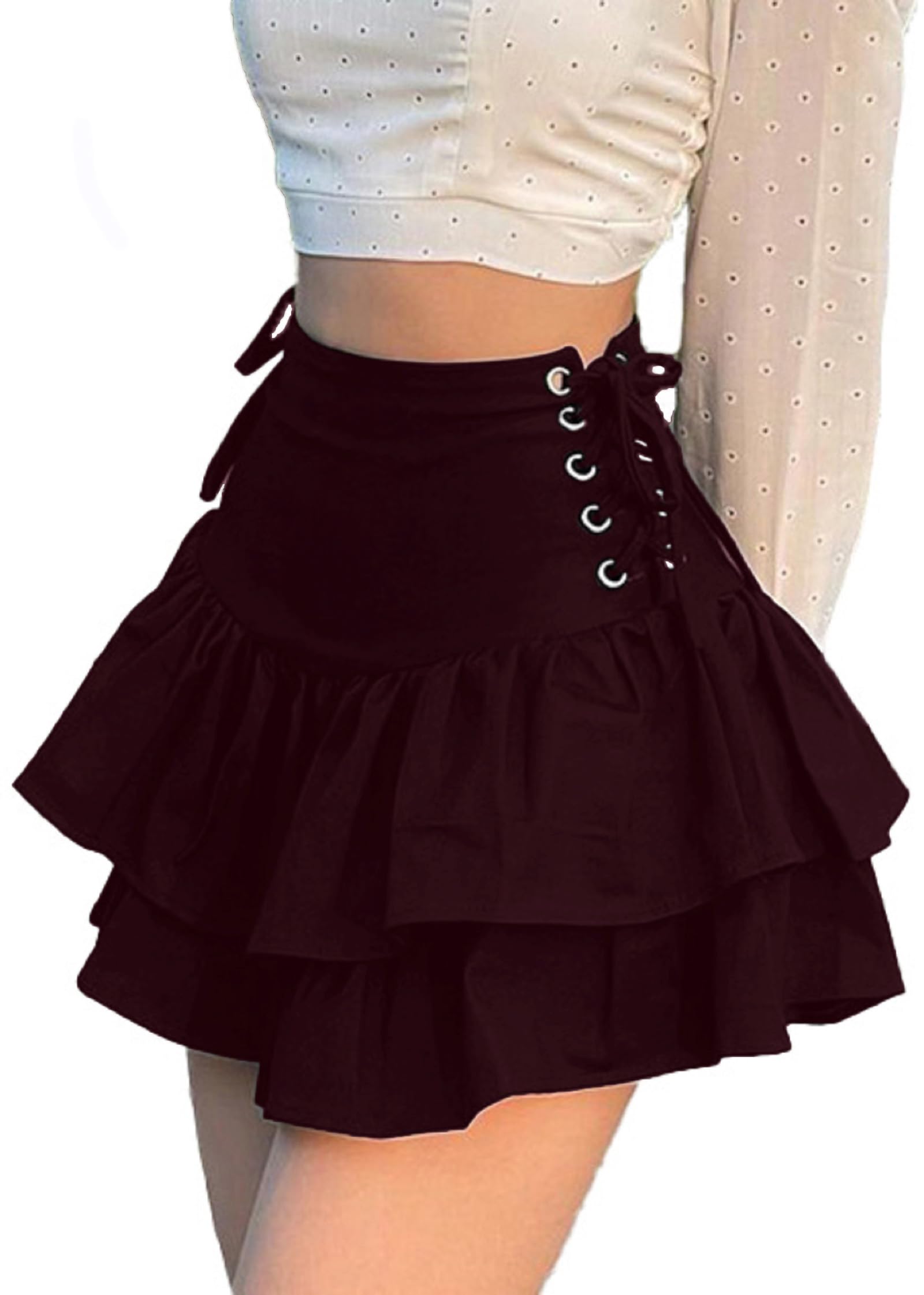 XKBHYDWomens Ruffle Tie Close Skirts Black Mini Skirt High Waist Goth Punk Skirt Girls Pleated Skirt Summer